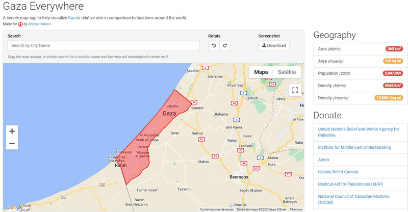 El tamaño de Gaza comparado con otros lugares del mundo (Gaza Everywhere) Comparar el tamaño de Gaza con otro pais - Gaza Everywhere